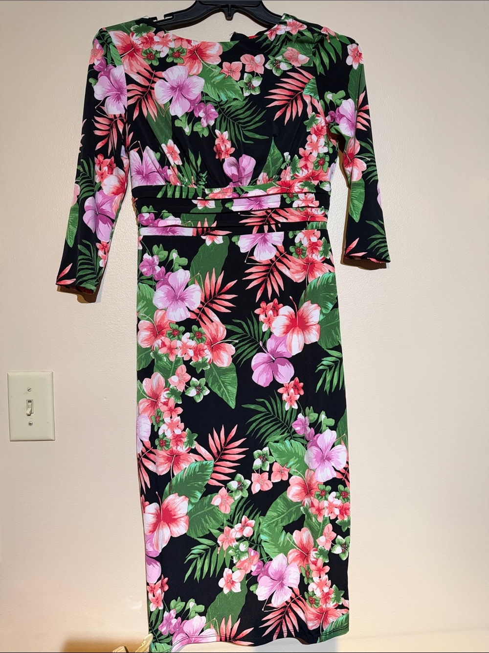Black Floral Midi Dress with Pink & Green Tropical Print - Women's